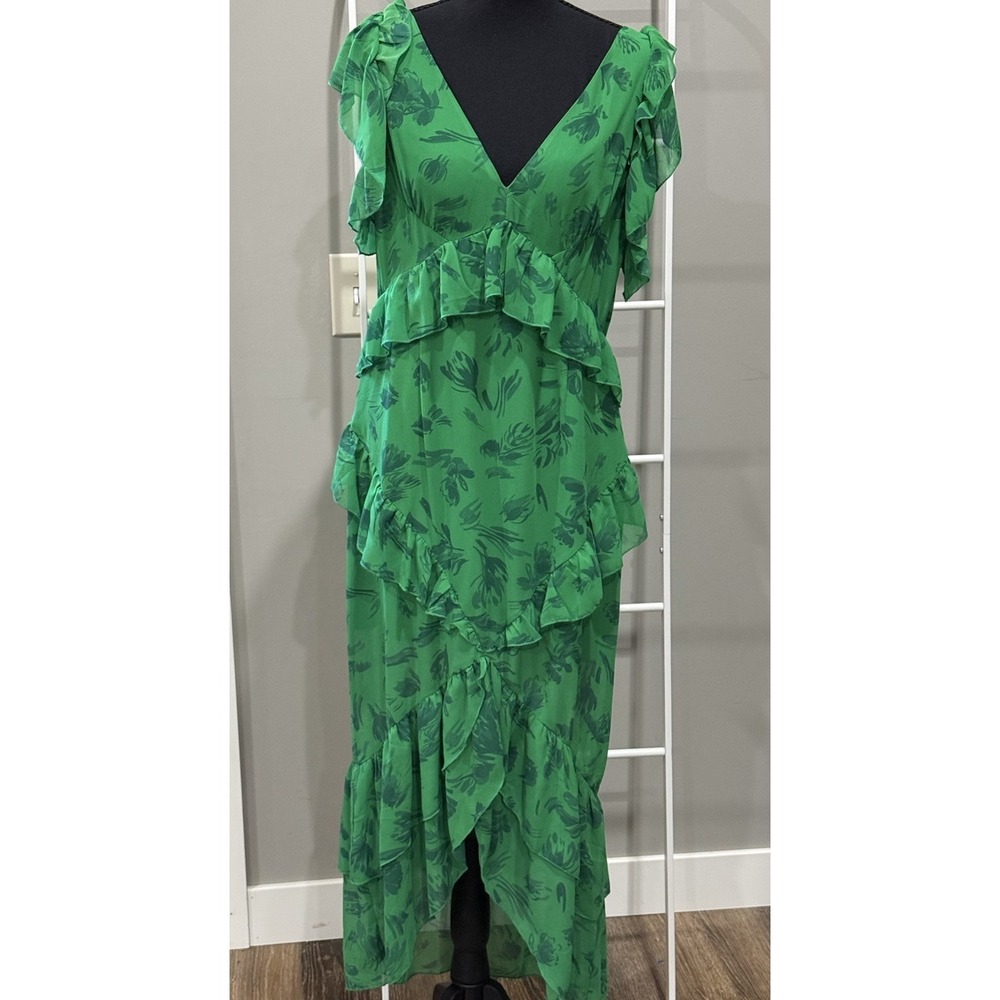 Few Moda Green Ruffle Tiered Midi Dress L Romantic Ethereal Boho Garden Party